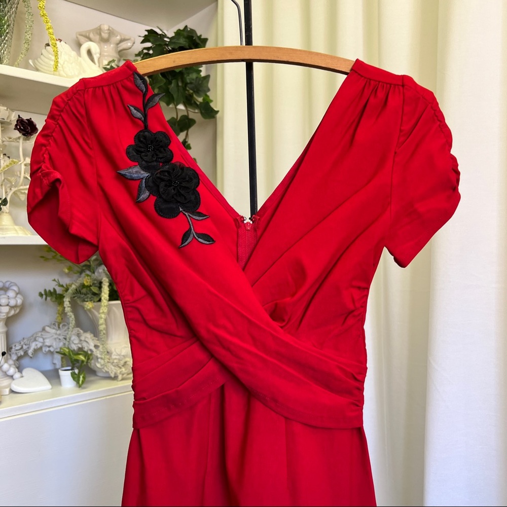 Stop Staring! Red Black Rose Appliqué Lana Wrap Front 40s Style Dress